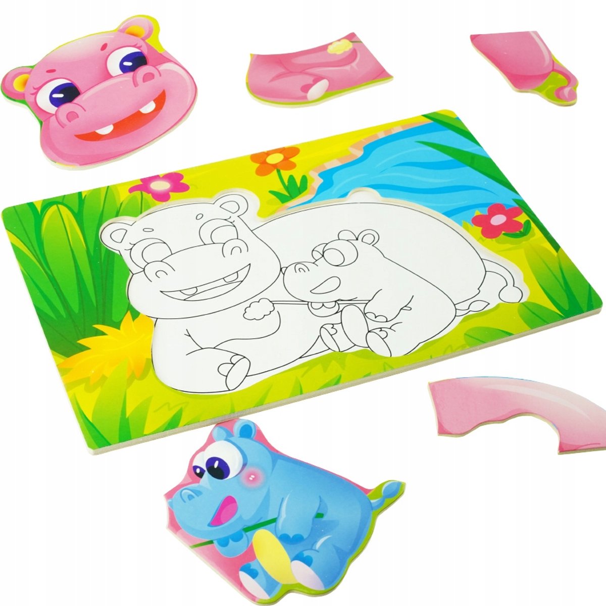 Houten Hippopotamus Puzzel met Kleurplaat voor Kinderen