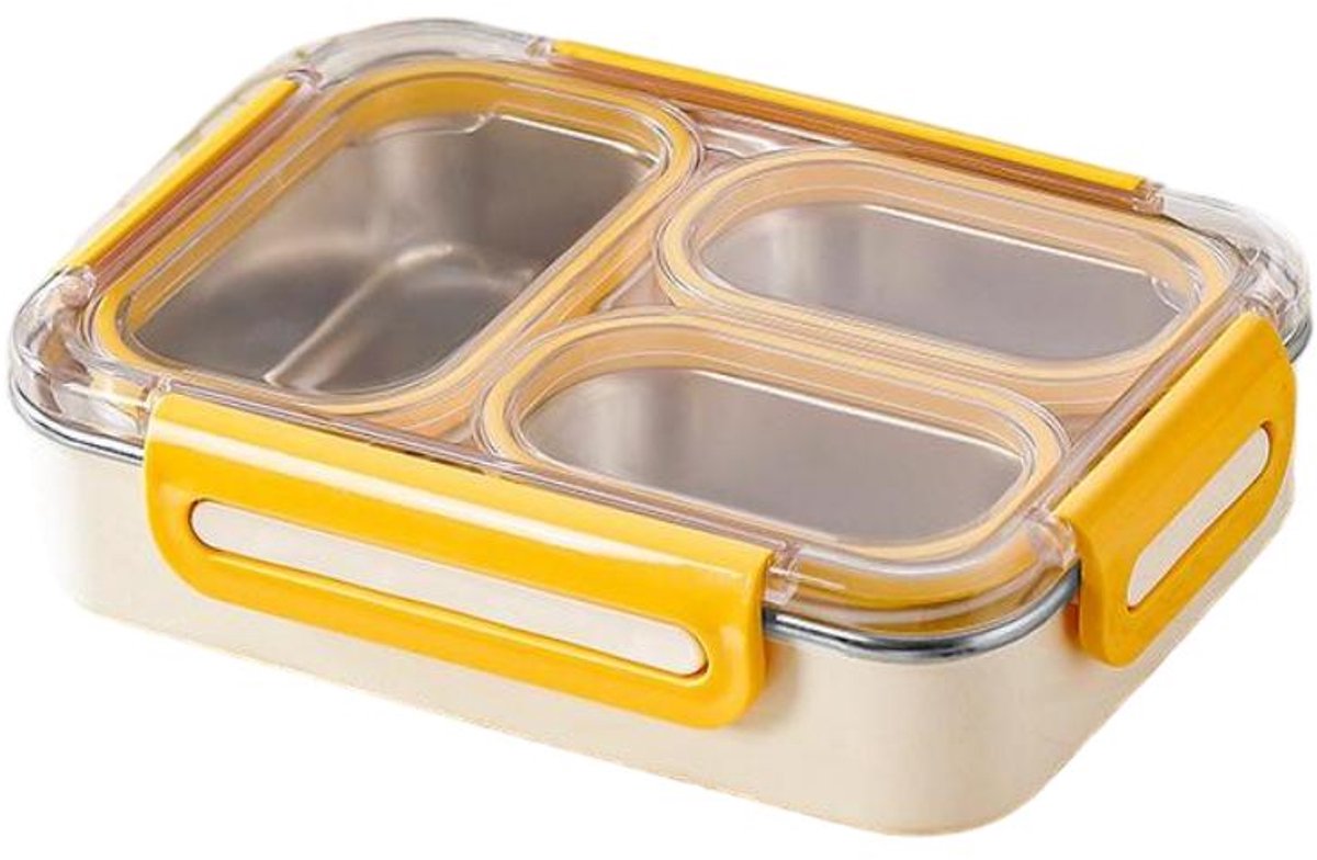 Lunchbox 3 Vakken 730 ml – Bento Box met 304 RVS Binnenbak en Siliconen Afdichting – Verdeelbare Lunchbox – Lekvrije Broodtrommel voor School, Werk en Onderweg – Geel – 2 Stuks