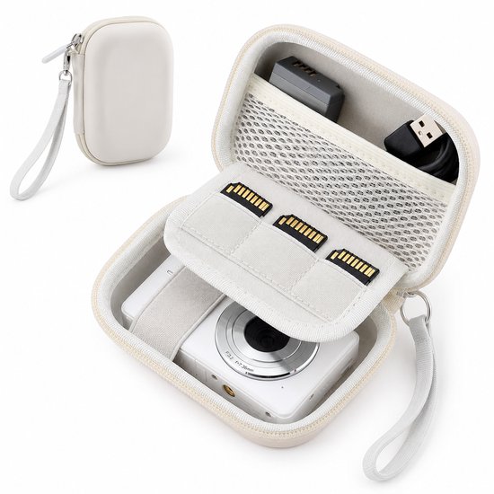 Open beige cameratas van Sounix met een witte camera, drie SD-kaarten, een batterij en een USB-kabel.