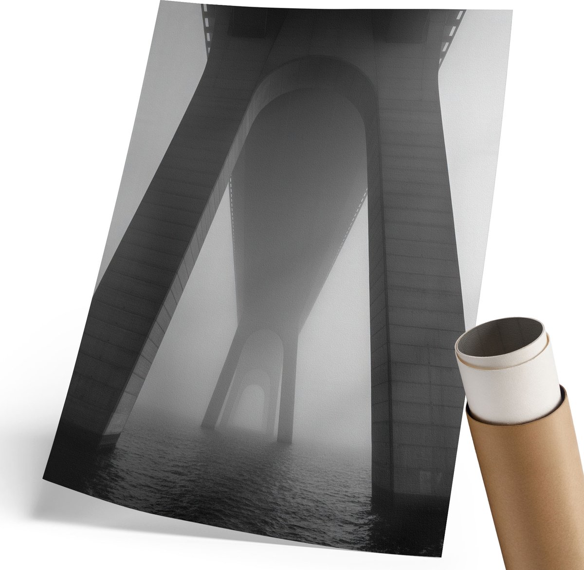 Coloray Canvas Poster Polycanvas - Brug In De Mist, Fotografie - 210 x 297 mm - Grijs Poster - Rechthoek - Muurdecoratie - Woonkamer, Slaapkamer, Kantoor - Industrieel