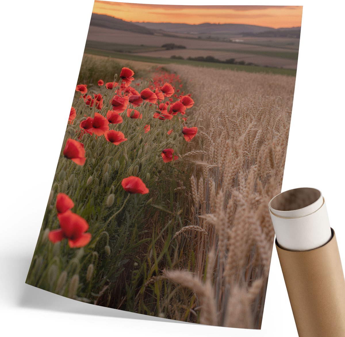 Coloray Polycanvas Wandposter - Klaprozen En Graan, Fotografie - 210 x 297 mm - Oranje Motief - Rechthoek - Muurkunst - Woonkamer, Slaapkamer, Kantoor - Klassiek