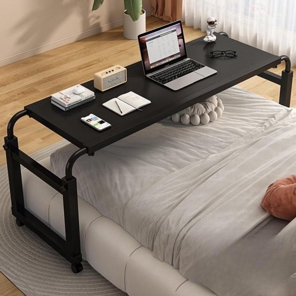 Bedtafel met wieltjes - Bedtafel op bed - Werken in bed - In hoogte verstelbaar - 140-230 cm breed - Zwart