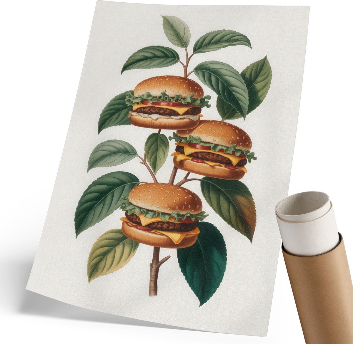 Coloray Polycanvas Wandposter - Burger Tree, Illustratie - 210 x 297 mm - Groen Wandposter - Rechthoek - Canvasposter - Woonkamer, Slaapkamer, Kantoor - Popcultuur