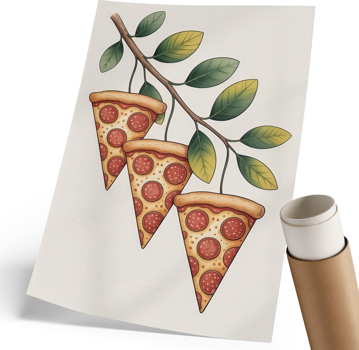 Coloray Canvas Poster Polycanvas - Pizza Aan Een Tak, Illustratie - 210 x 297 mm - Groen Poster - Rechthoek - Decoratieve poster - Woonkamer, Slaapkamer, Kantoor - Popcultuur