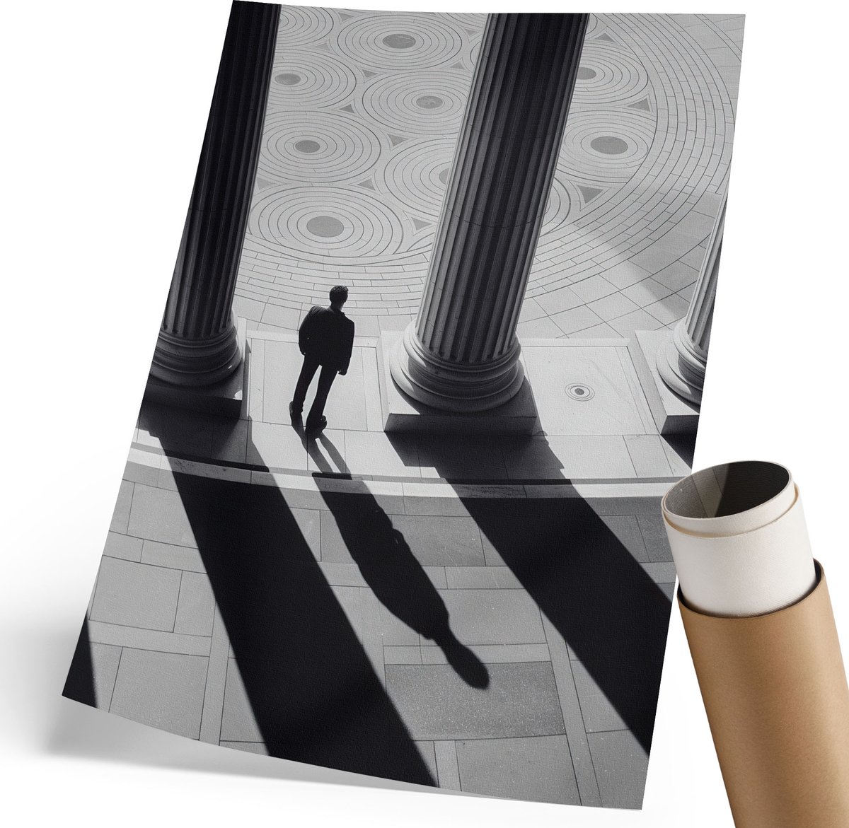 Coloray Polycanvas Wandposter - Kolommen En Een Man, Fotografie - 210 x 297 mm - Zwart-wit Illustratie - Rechthoek - Muurkunst - Woonkamer, Slaapkamer, Kantoor - Klassiek