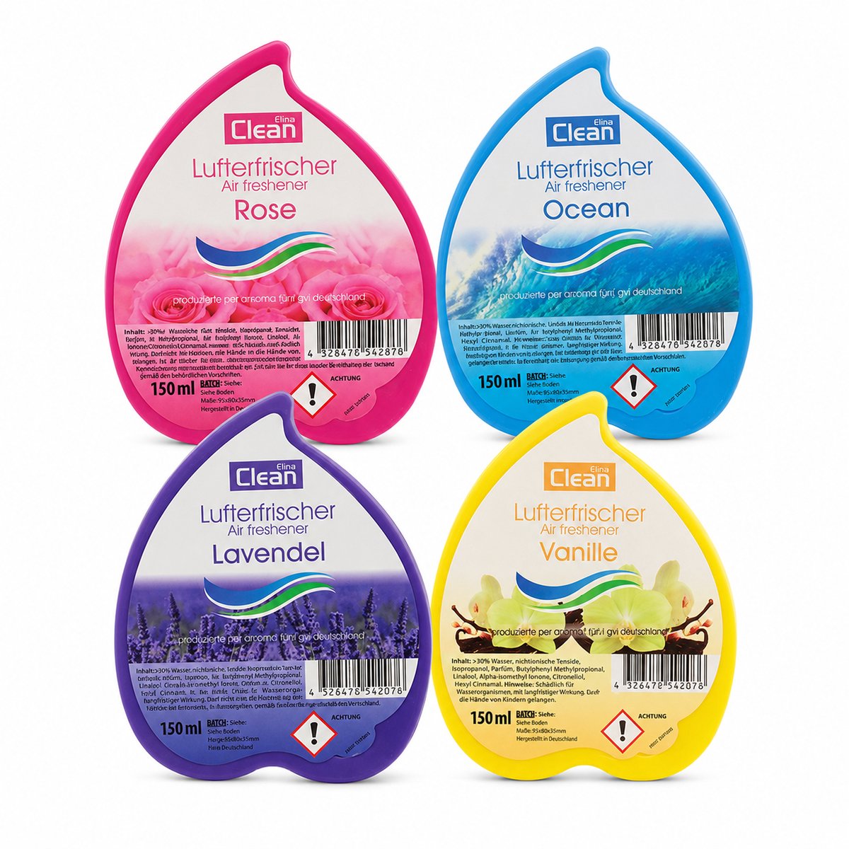 4-pack Elina Clean Luchtverfrisser Gel 4 x 150 g – Roos, Lavendel, Vanille en Ocean