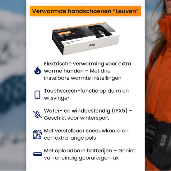 Zwarte, waterdichte en winddichte verwarmde handschoenen met touchscreen-functie, verstelbaar en met oplaadbare batterijen.