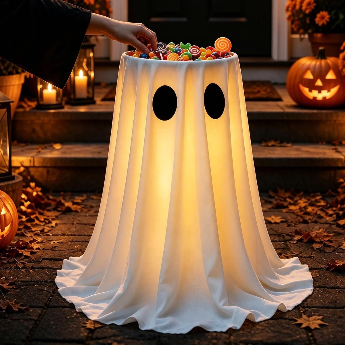 KZQ Halloween snoepkom – Snoepschaalhouder in spookvorm -Snoepschaal met ledverlichting - USB-voeding – Met timer en afstandsbediening – Buitendecoratie – Halloween-ornament – ​​55-100cm - Wit