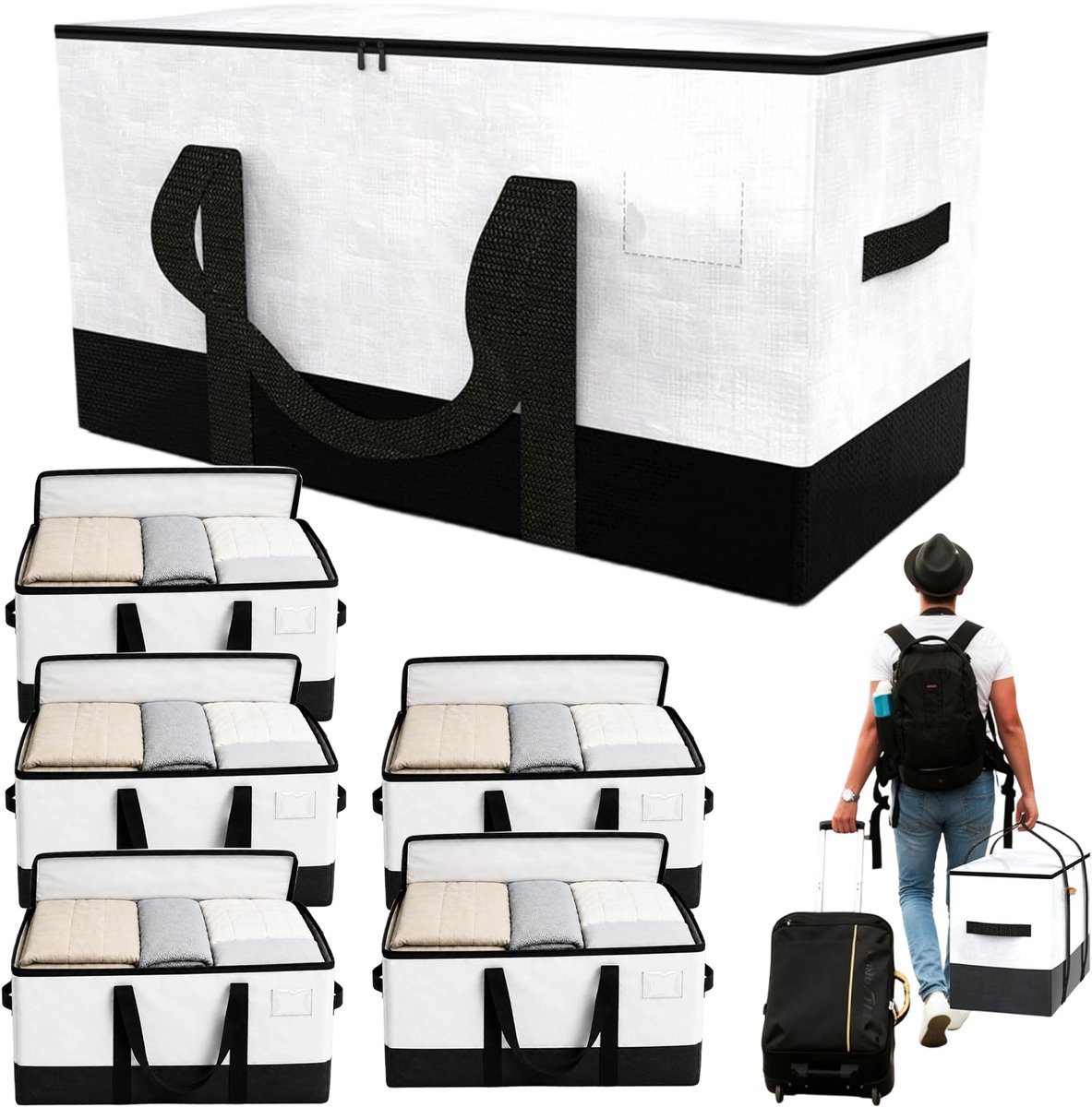 XXL Verhuistassen Set - Verhuis & Opbergtassen - Verhuiszakken - 6 Stuks - 103L - 67x31x42 cm - Verstevigde Handvatten - Waterdicht & Slijtvast - Labelvenster - Opvouwbaar - Big Shopper Moving Bag - Voor Verhuizing & Seizoenskleding - Wit/Zwart
