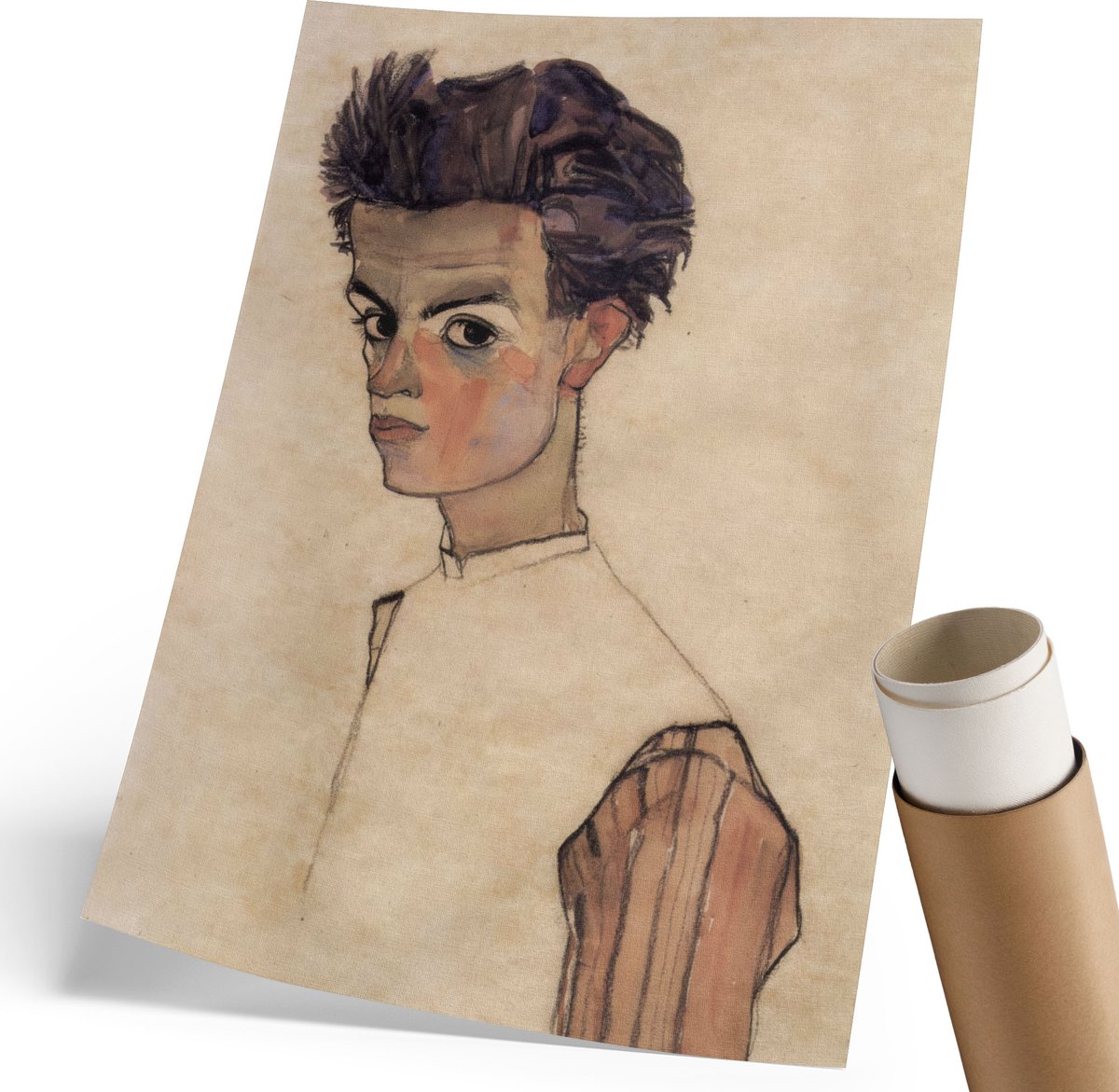 Coloray Polycanvas Poster - Egons Zelfportret, Schilderen - 210 x 297 mm - Romig Motief - Rechthoek - Decoratieve poster - Woonkamer, Slaapkamer, Kantoor - Rustiek
