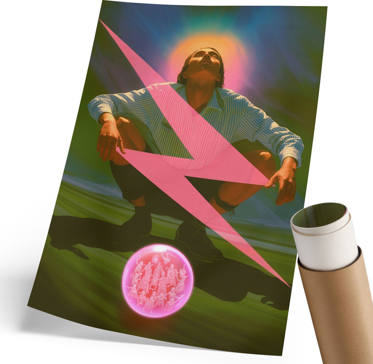 Coloray Polycanvas Poster - Surrealistische Man, Illustratie - 210 x 297 mm - Roze Motief - Rechthoek - Muurdecoratie - Woonkamer, Slaapkamer, Kantoor - Expressief