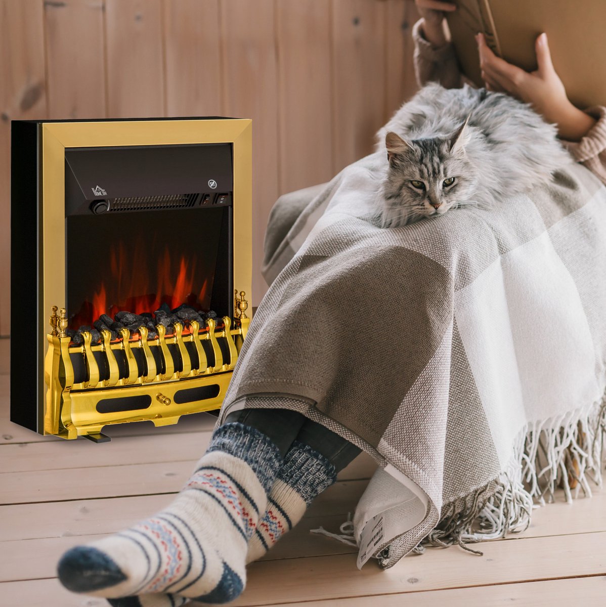 REDOM - Elektrische haard - Flammeneffect - Vrijstaand - Verwarming 1000/2000 W - Vintage stijl - Woonkamer - Metaal - Goud - 48,2 x 18,5 x 59,2 cm