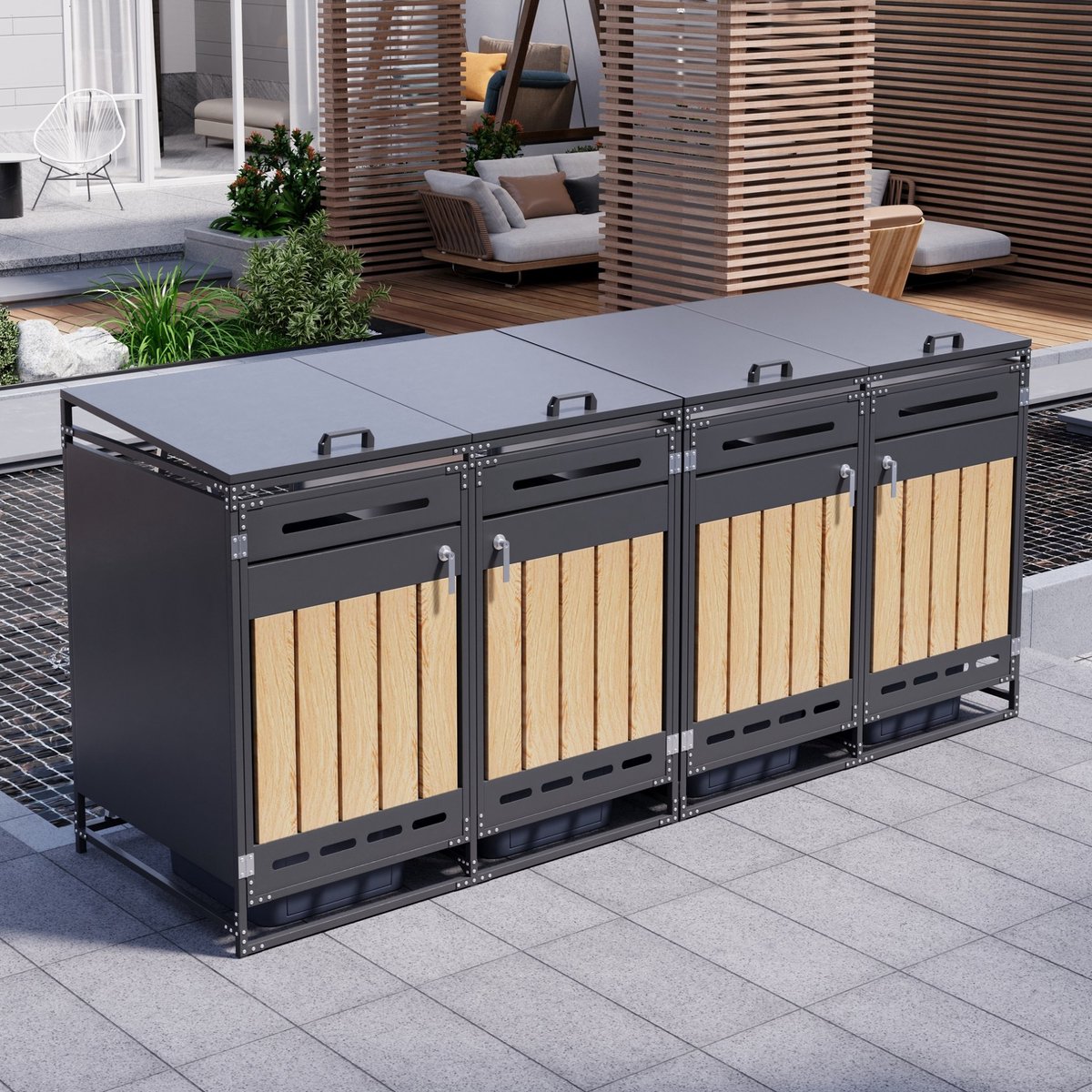Wishdor Containerberging 4 vakken - Hydraulische klep en afsluitbare deuren - Verticale houtlook en ventilatie - Zwart metaal voor tuin en buitenruimte - 262 x 79 x 116 cm