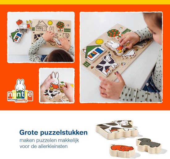 Montage van Nijntje houten puzzel: een kind speelt met de puzzelstukken, een close-up van Miffy en kuikentjes, en de puzzel met boerderijdieren.