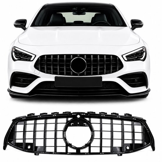 Zwarte glimmende grille met verticale spijlen en grote ronde uitsparing voor het Mercedes-logo, geschikt voor CLA X118/C118 (2019-2023).