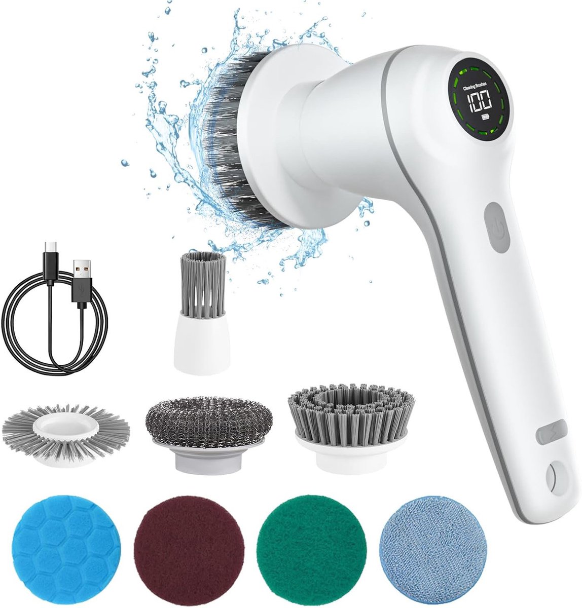 MODFU Elektrische Schoonmaakborstel 8-in-1, 2 Standen, IPX7 Waterdicht, 2500mAh Oplaadbaar, voor Badkamer & Keuken, Wit