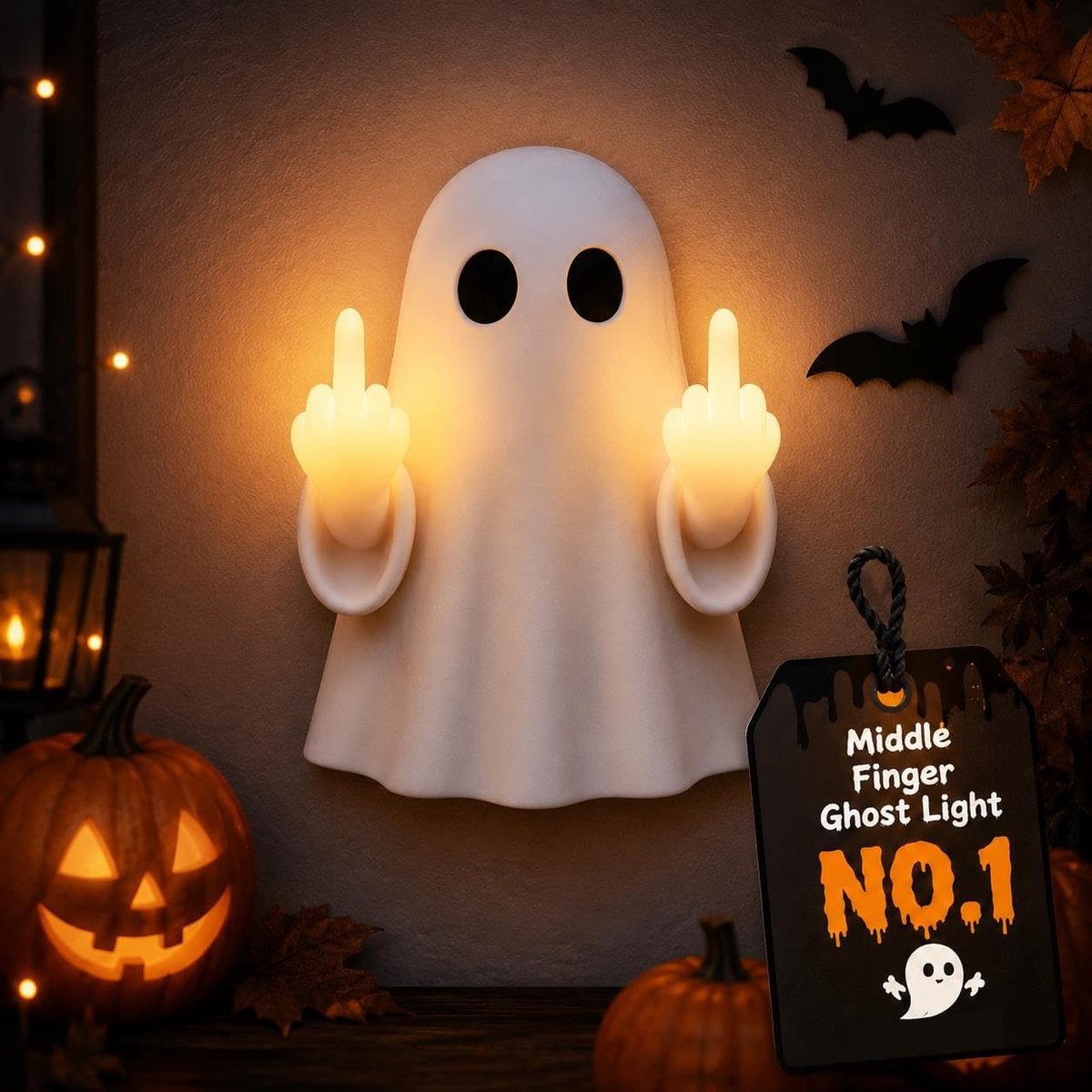 Spooklamp met Middelvinger - Halloween Decoratie - Spookbeeldje - Sfeervol LED - Batterij Gevoed - Voor Tafel & Wand - SOLLBRY®