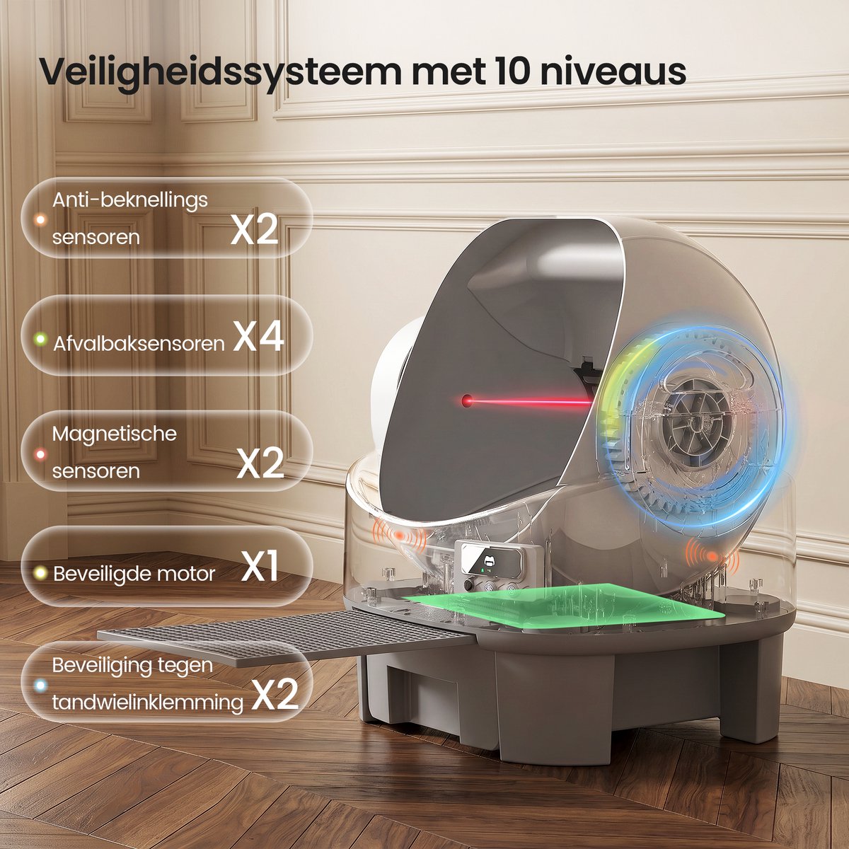 Devoko automatische kattenbak – XXL kattenbak met open en ruim ontwerp, groot 12L opvangreservoir voor kattenbakkorrels, app-bediening op afstand, 8 veiligheidssensoren, voor meerdere katten thumbnail 6