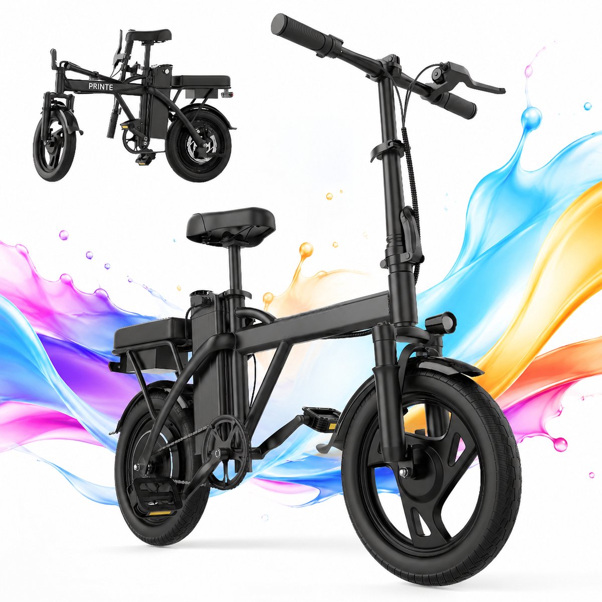 14" Opvouwbare Mini Elektrische Fiets voor volwassenen, 500W, 48V 5.2Ah accu, compacte pendelfiets met schokdemper en verlichting
