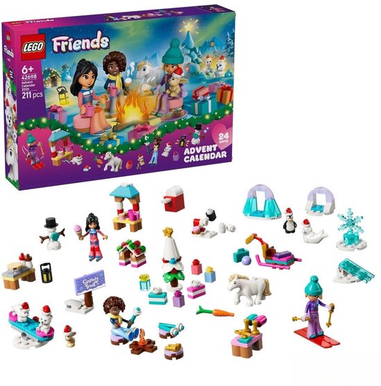 LEGO Friends adventskalender met 24 cadeautjes in winterthema, inclusief figuren, dieren en accessoires.