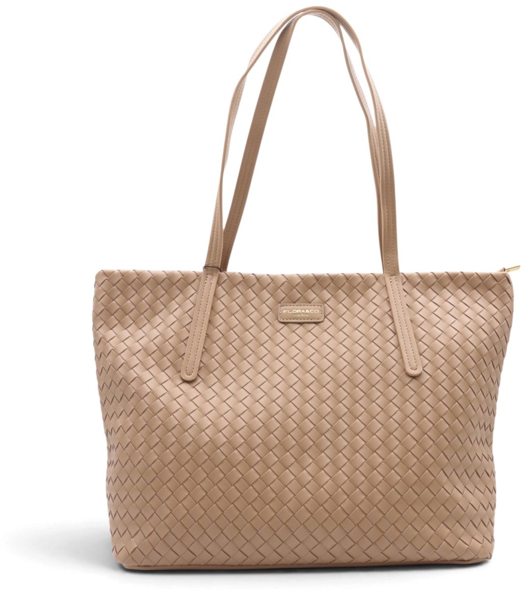 Flora&Co - SIENNAE - weefpatroon soft kunstleer - grote handtas/tote bag - beige - geschikt voor A4 - ideaal voor school- of werktas