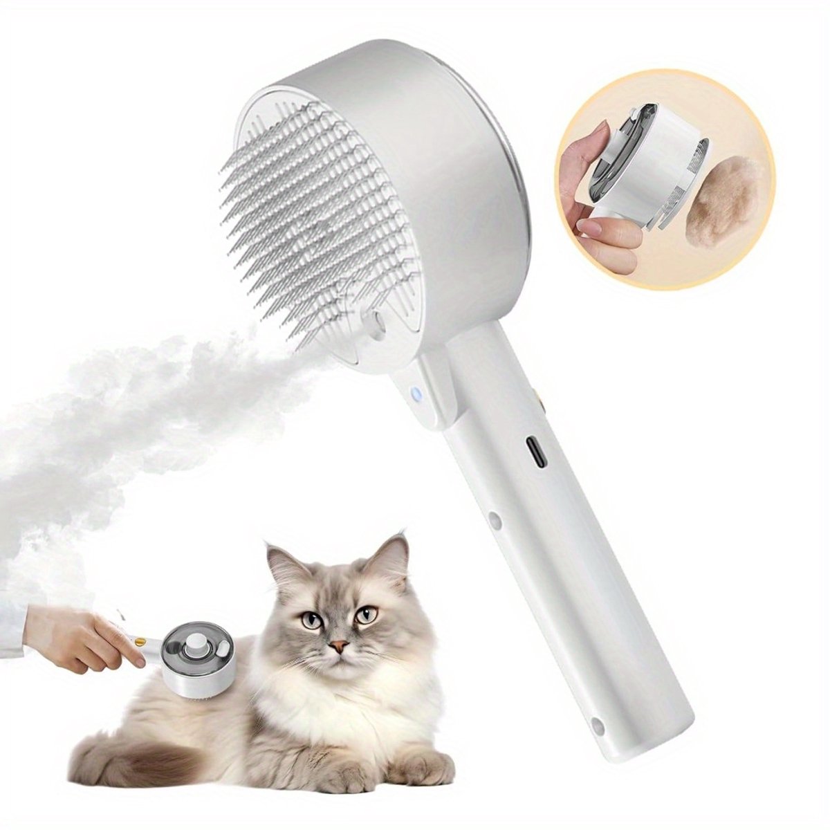 Stoomkam Voor Katten Met 140° Gebogen Roestvrijstalen Tanden - 2 Sproeistanden, 30ml Reservoir, Automatische Pauze, One-Touch Reiniging - Voor Lang- En Kortharige Katten - Wit