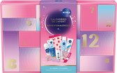 Roze Nivea-adventskalender met 12 vakjes en een centrale sleeve met Nivea-huidverzorgingsproducten.