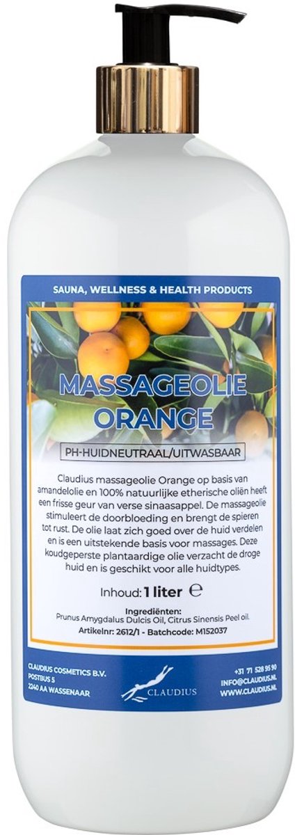 Massageolie Orange 1 liter met gouden pomp - 100% natuurlijk - biologisch en koud geperst