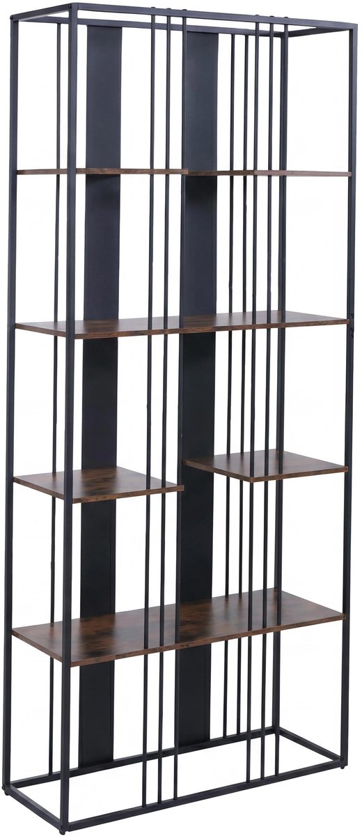 Rek MCW-P12, boekenkast hoge kast, industrieel metaal melamine MVG-gecertificeerd 180x80x31cm ~ zwart, donkerbruin