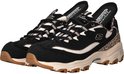 Zwarte Skechers D'Lites veterschoenen, opengewerkt met luipaardprint en beige zool.
