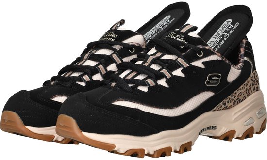 Zwarte Skechers D'Lites veterschoenen, opengewerkt met luipaardprint en beige zool.