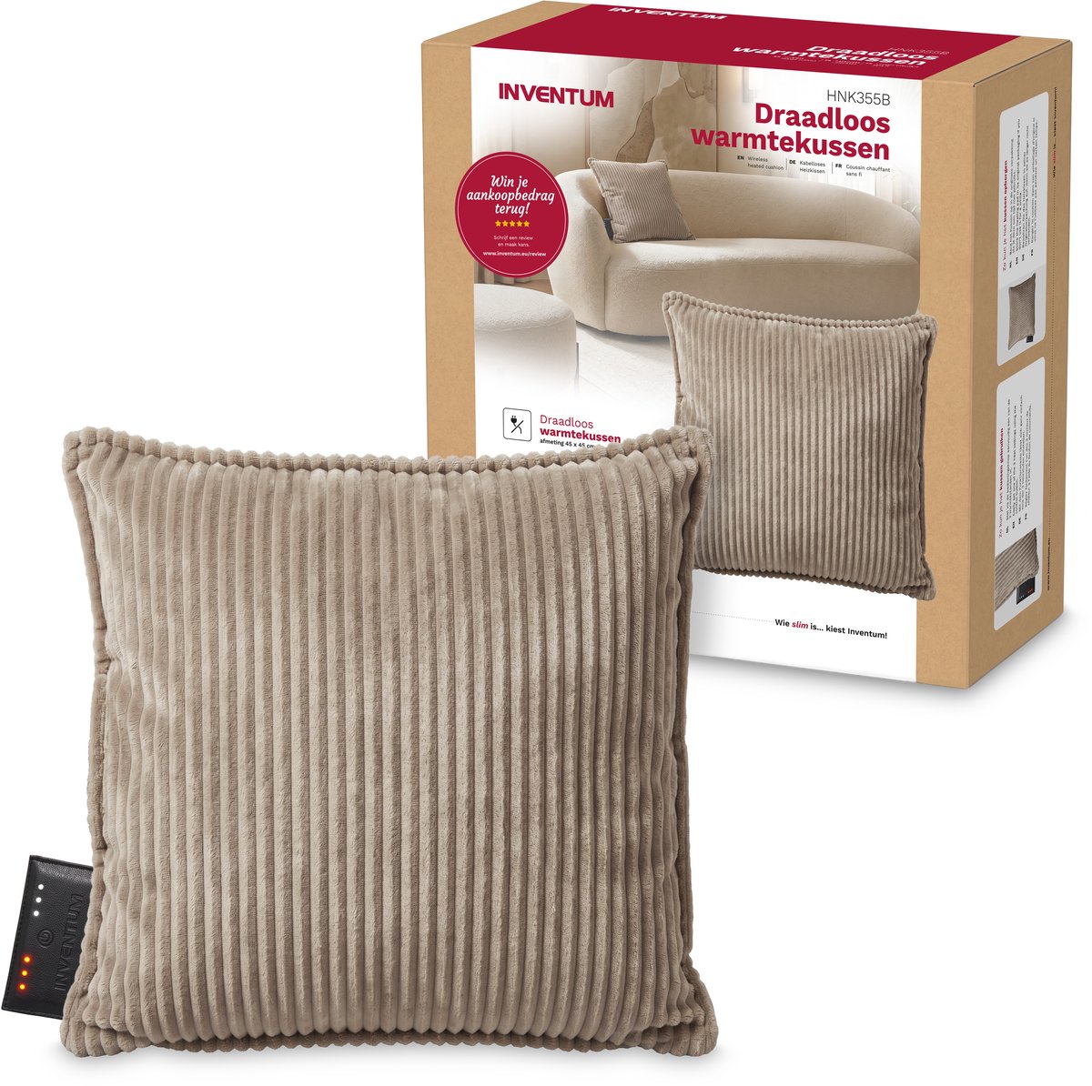 Inventum HNK355B draadloos warmtekussen - 45x45 cm - 3 warmtestanden - Oplaadbare accu - Taupe/bruin