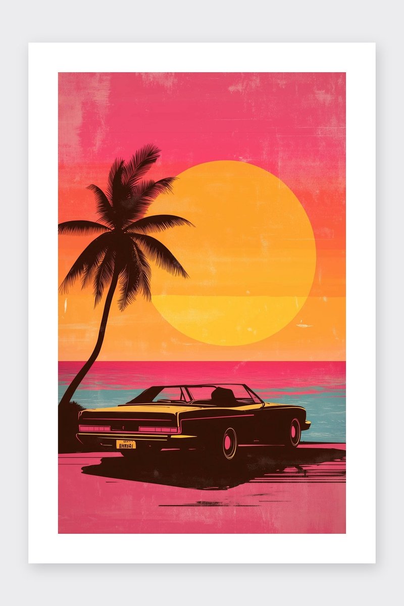 Retro Poster - Auto - Zonsondergang - Vintage - Roadtrip - Kleurrijk - Nostalgisch - posters - formaat 30x40cm - Wanddecoratie - BXS5240BY - Met kader - passe-partouts stijl