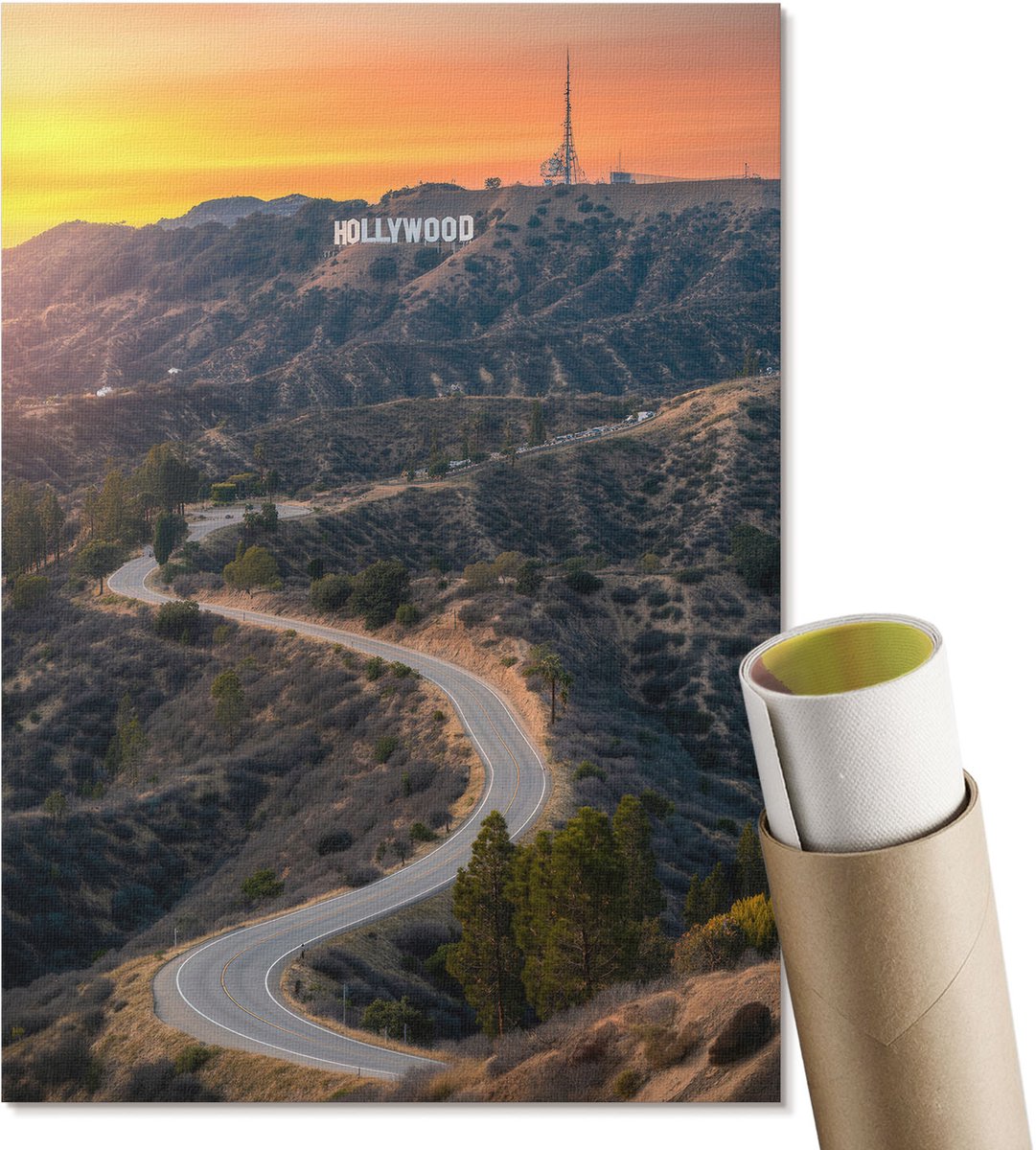 Coloray Polycanvas Wandposter - Hollywood-Landschap, Fotografie - A4 - Oranje Design - Rechthoek - Muurkunst - Woonkamer, Slaapkamer, Kantoor - Modern