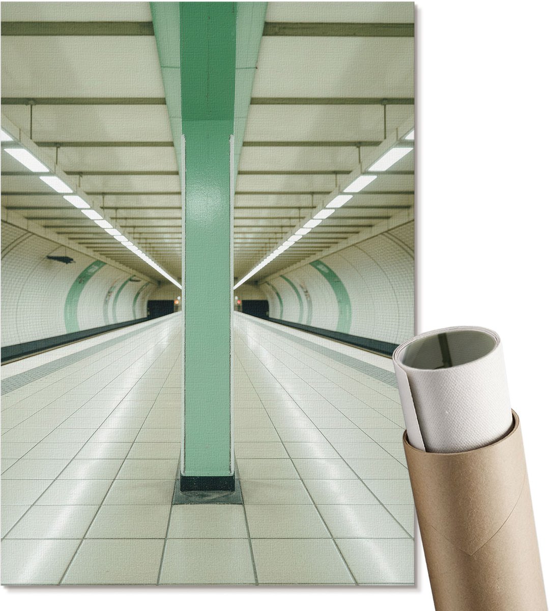 Coloray Polycanvas Wandposter - Metrotunnel, Fotografie - A4 - Groen Poster - Rechthoek - Muurkunst - Woonkamer, Slaapkamer, Kantoor - Industrieel