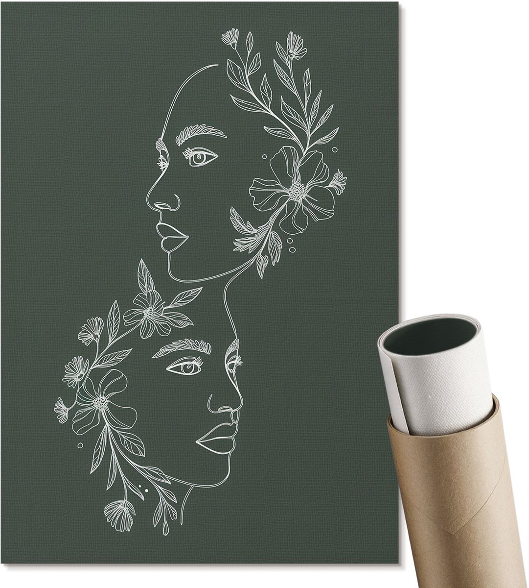 Coloray Polycanvas Poster - Bloemenportretten, Lijntekening - A4 - Groen Illustratie - Rechthoek - Decoratieve poster - Woonkamer, Slaapkamer, Kantoor - Boho
