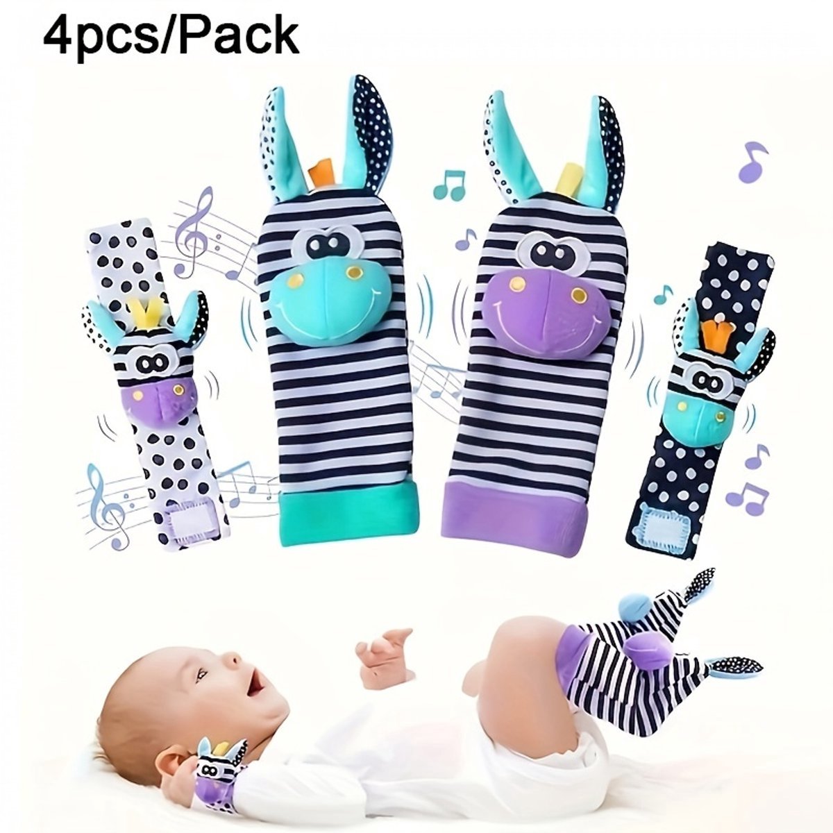casalora - Babyspeelgoed - Set rammelende sokken - 4 STUKS Polsbandjes en sokken in cartoondierstijl - Educatief speelgoedcadeau voor baby's van 3 tot 24 maanden