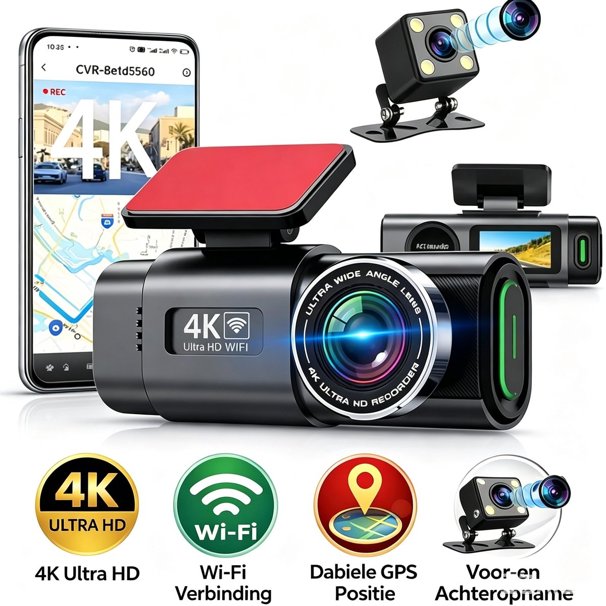 Dashcam Voor Auto - 128G 4K Ultra HD - Voor & Achter - Wifi & GPS - Nachtzicht - G-Sensor - Met Parkeerbewaking - Met App