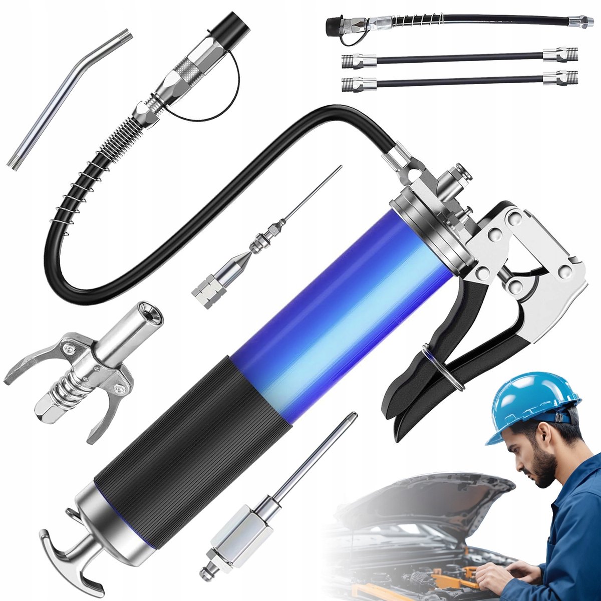 Vetspuit Krachtig - Vetspuit Handbediend - Hogedruk Vetpistool - 6000-7000 PSI - Snelkoppeling & Veerslang - Voor Moeilijk Bereikbare Smeerpunten - Metaal - Voor Tractor & Bouwmachine & Auto - Blauw