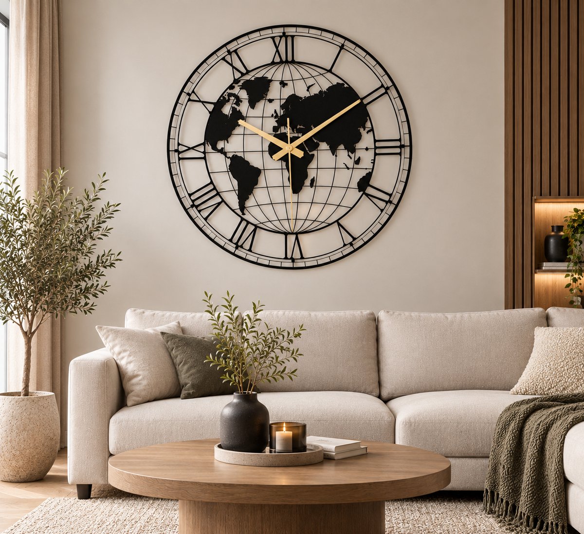 Wandklok Metaal-Wandklok Wereldkaart-Wandklok Romeinse cijfers-70cm-Stil Uurwerk-Zwart Goud