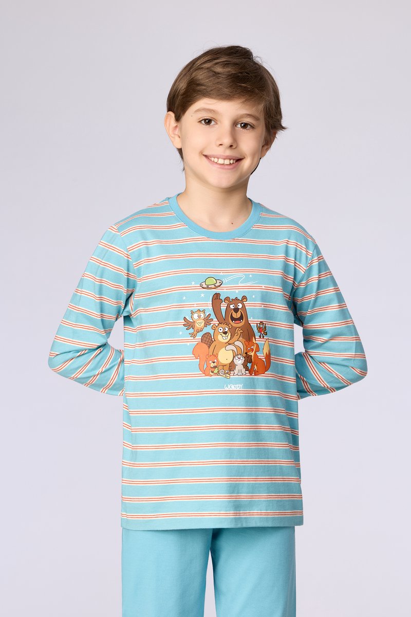Woody Jongens-Heren pyjama blauwe streep - maat 152/12J