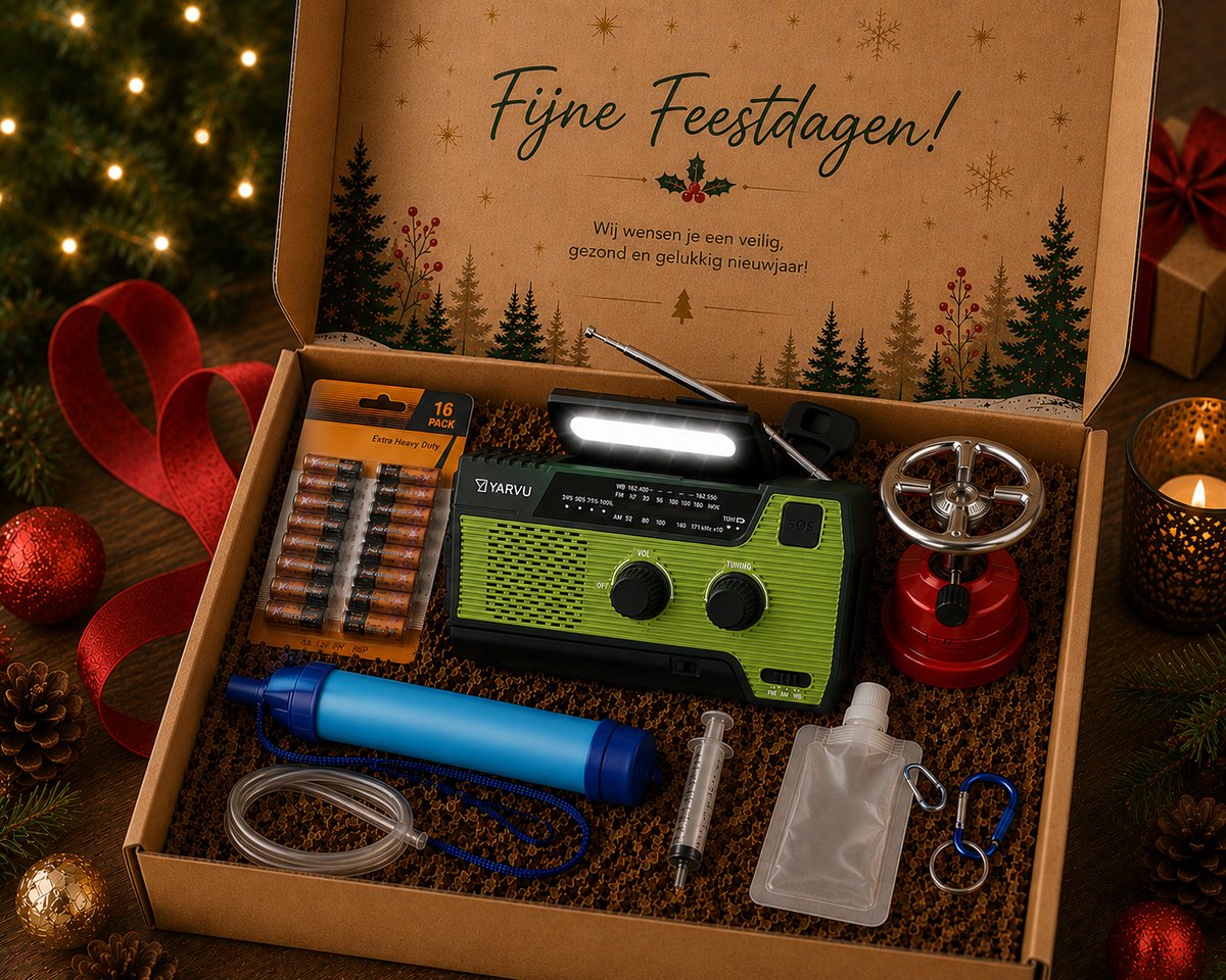 Kerstpakket 2026/2027 - Kerst Pakket Noodpakket Prepare - Luxe Noodradio Groen + 16 AAA Batterijen + Gasbrander + Waterfilterset + Noodfluit - Non Food - Nood Pakket - Kerstdoos