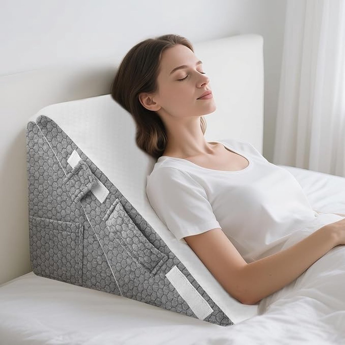 PolkaHome Inloopkussen voor Bed, Verstelbaar Hoekkussen, Ergonomisch Driehoekig Geheugenkussen, Leeskussen voor Bed en Bank, 50 × 50 × 30 cm