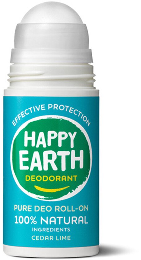 Happy Earth Pure Deo Roll-On in geur Cedar Lime. Groene en blauwe verpakking, 100% natuurlijk.