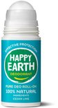 Happy Earth Pure Deo Roll-On in geur Cedar Lime. Groene en blauwe verpakking, 100% natuurlijk.