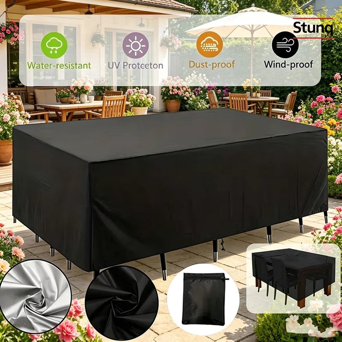 Stunq Waterdichte 210D Oxford tuinmeubelhoes zwart 120x180x74 cm voor tuintafel en stoelen