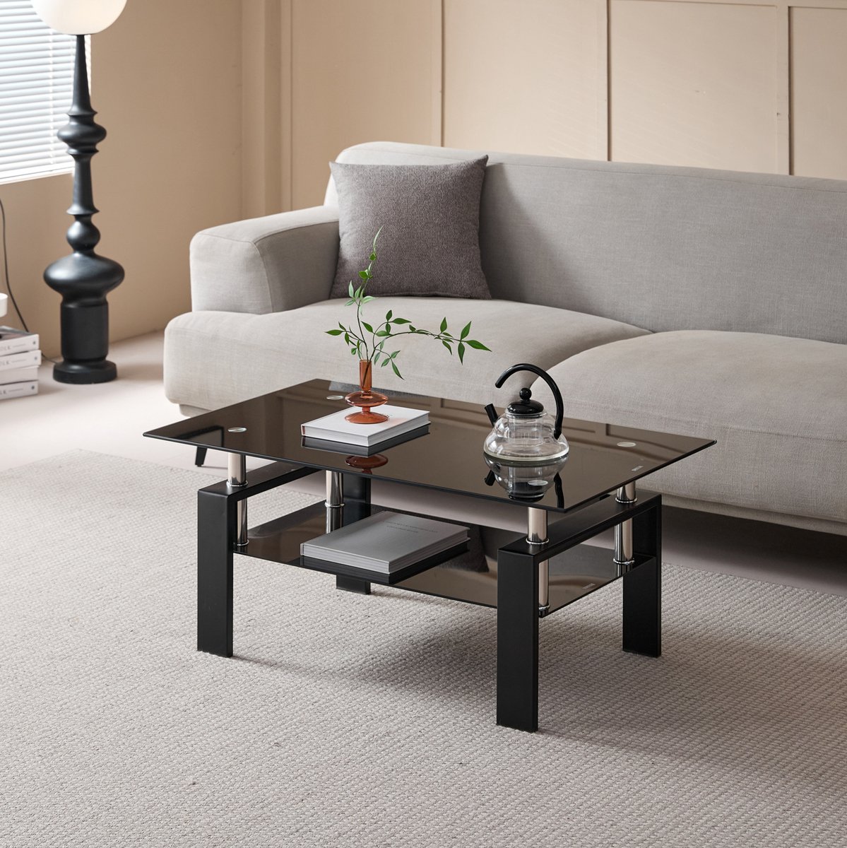 REDOM - Salontafel - 2-laags gehard glazen blad - Met onderblad - Modern - Woonkamer of kantoor - Glas en metaal - Zwart - 100 x 60 x 44 cm