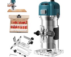 Kantenfrees 800W - Bovenfrees voor Hout - 6 Snelheden tot 30.000 RPM - 6,35 mm Spantang - Inclusief 15-Delige Frezenset