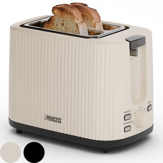 Crèmekleurige Princess broodrooster met ribbeltextuur en twee sneetjes geroosterd brood. Met bedieningsknoppen voor REHEAT, DEFROST en STOP.