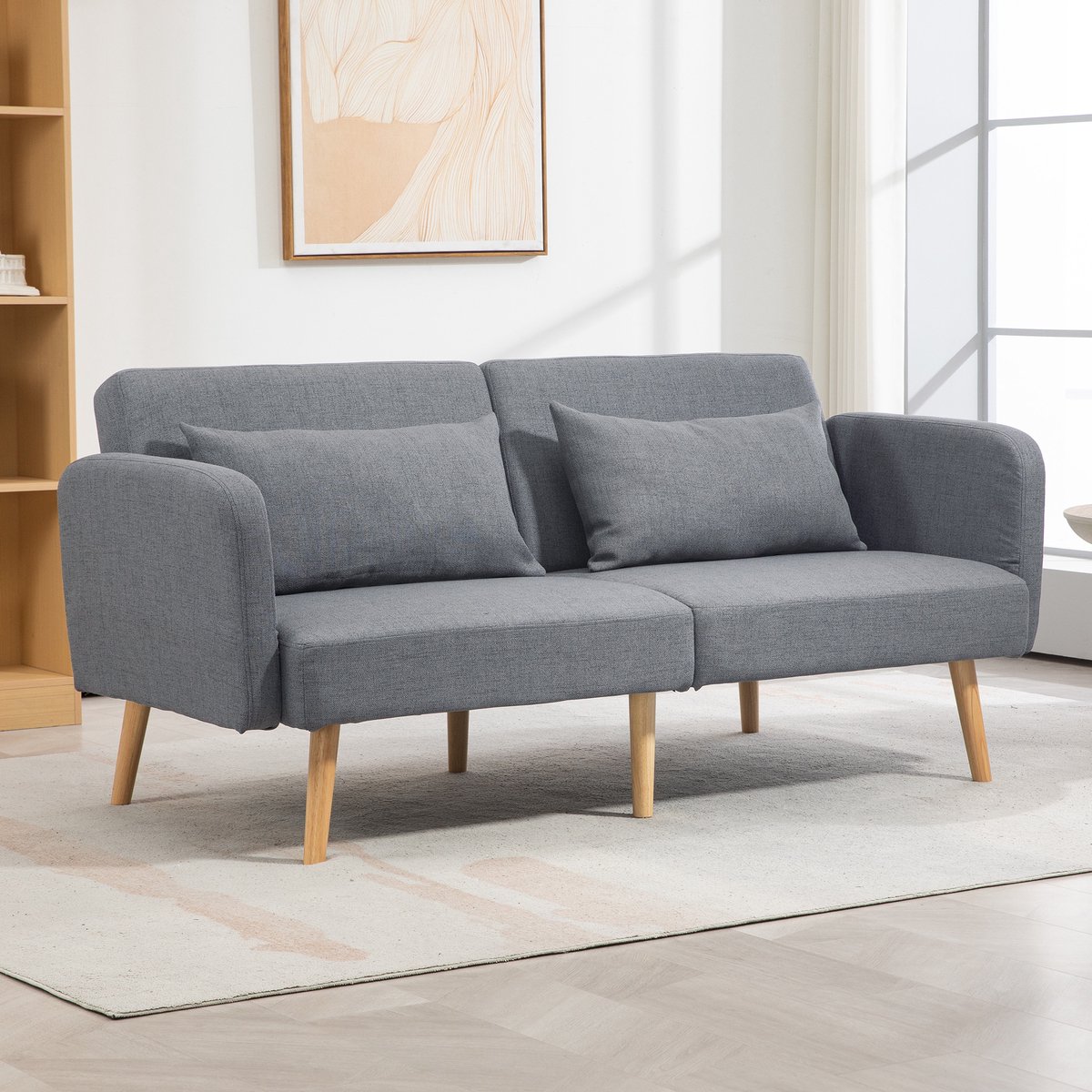 Slaapbank - 170 x 83 x 80 cm - linnenlook bekleding - met slaapfunctie - met verstelbare rugleuning - inclusief kussens - met armleuningen - Grijs